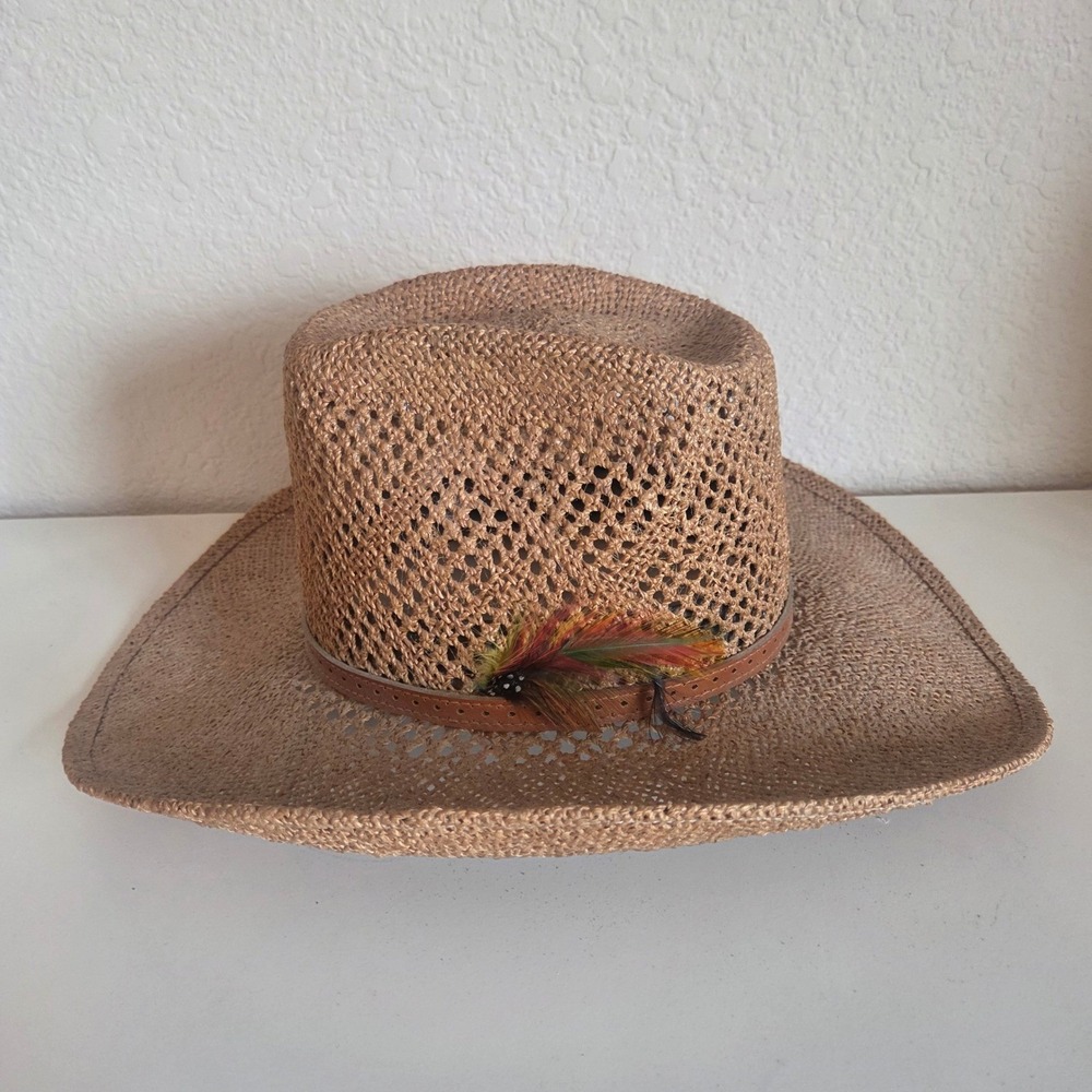 Stevens Boots & Saddles Straw Cowboy Hat Tan Open Weave Feather Size 7 Made n US